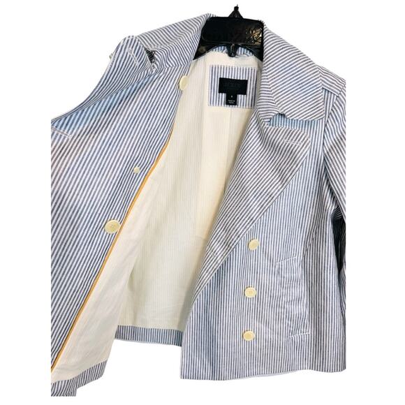 J. Crew Waxed Linen Blue and White Striped Crop Trench Jacket - Picture 11 of 16